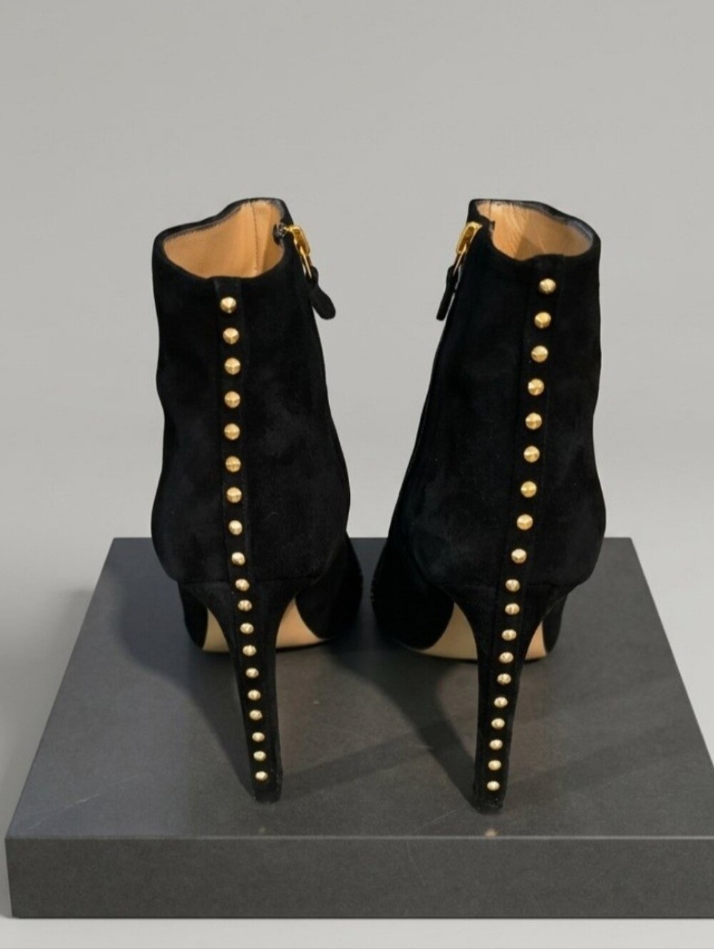 Genuine Leather Black Suede Ankle Boots With Gold Studs